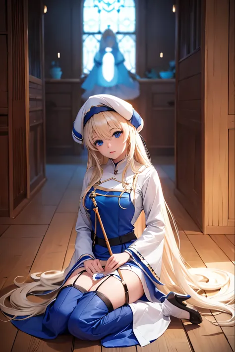 white backgrounid、intricately detailed,[3d images:1.35] priestess, blondehair, blue eyes、kawaii girl, full-body view、realistic p...