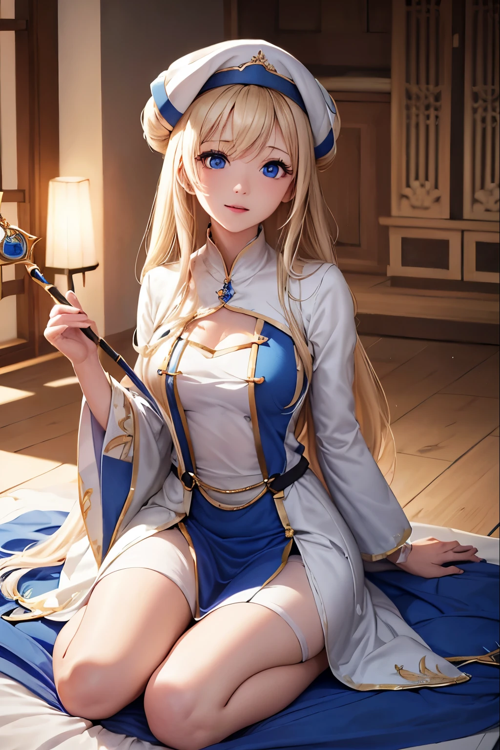 white backgrounid、Intricately detailed,[3D Images:1.35] Priestess, blondehair, Blue eyes、Kawaii Girl, full-body view、Realistic portrayal, (Best Quality,8Ｋpicturealistic,High resolution:1.2), Long hair, hat,, BREAK looking at viewer,Blake City,Blue and white robe(Queen Watts on the right、Bring the sacred staff to the fore)、 (masutepiece:1.2), Best Quality, hight resolution, Unity 8k Wallpaper, (Illustration:0.8), (Beautiful detailed eyes:1.6), extra detailed face, Perfect Lighting, extremely details CG, (Perfect hands, Perfect Anatomy),extremely details CG、perfect detailed、very delicate light、Fine and detailed eyes and detailed face Beautiful detailed eyes、(Detailed body)、A detailed face、(colourfull)、beautiful detailed hair、See here,[3D Images:1.35] Priestess, blondehair, Blue eyes、、Chain mail on the body、Kawaii Girl, full-body view、a black skirt, ((beautiful legs)), ((Stilet Heels)),
