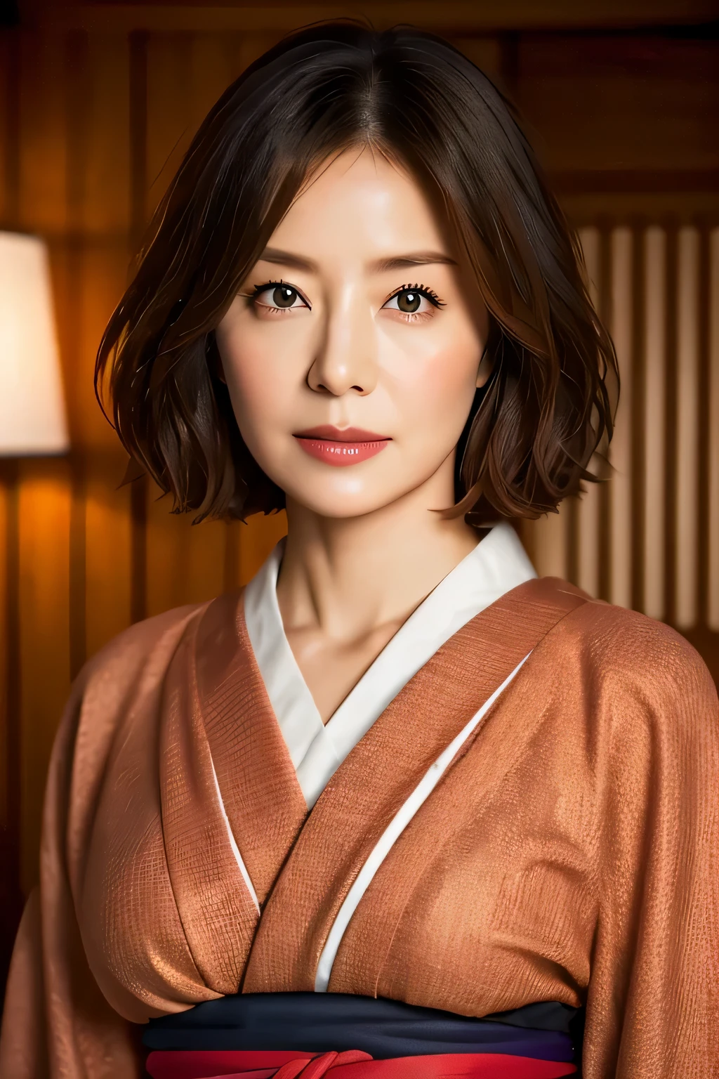 ((highest quality, 8k, masterpiece: 1.3)), #beautiful mature woman,sharp focus: 1.2, beautiful woman with perfect figure: 1.4, (kimono), Highly detailed face and skin texture, fine eyes, (lips), dark brown hair,big breasts,lip gloss,tie hair,