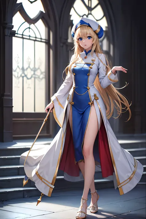 white backgrounid、Intricately detailed,[3D images:1.35] priestess, blondehair, Blue eyes、Kawaii Girl, ((full-body view))、Realist...