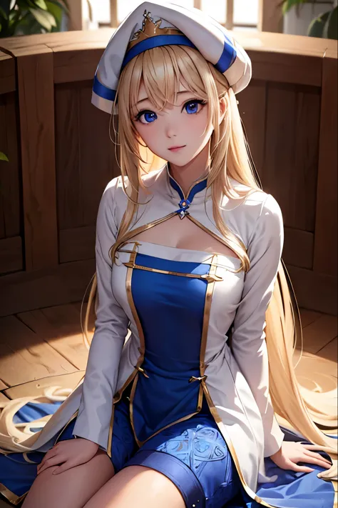 white backgrounid、intricately detailed,[3d images:1.35] priestess, blondehair, blue eyes、kawaii girl, ((full-body view))、realist...