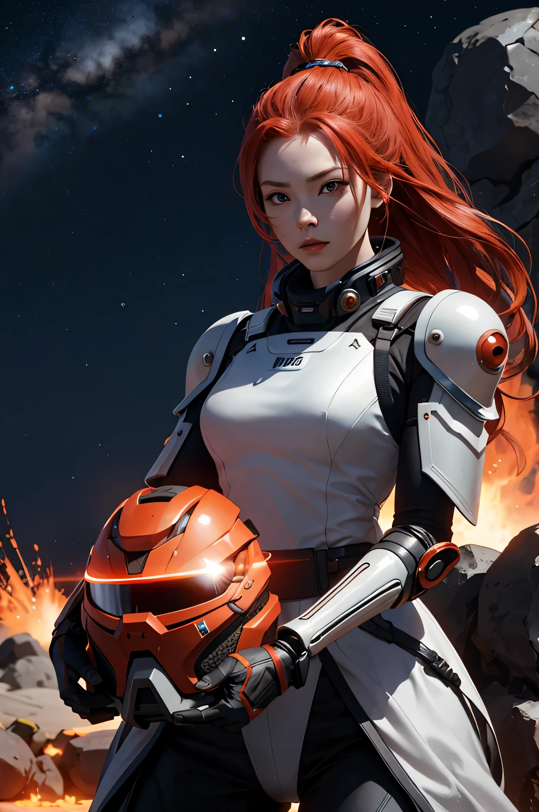 A futuristic redhead 1 girl dressing samurai armor, riding a space motorcycle across a desert in a lava planet with 2 stars. 4K, Accurate, Cinematic, Photorealistic, High detail, Futurism, Cinematic Lighting, Best Quality
