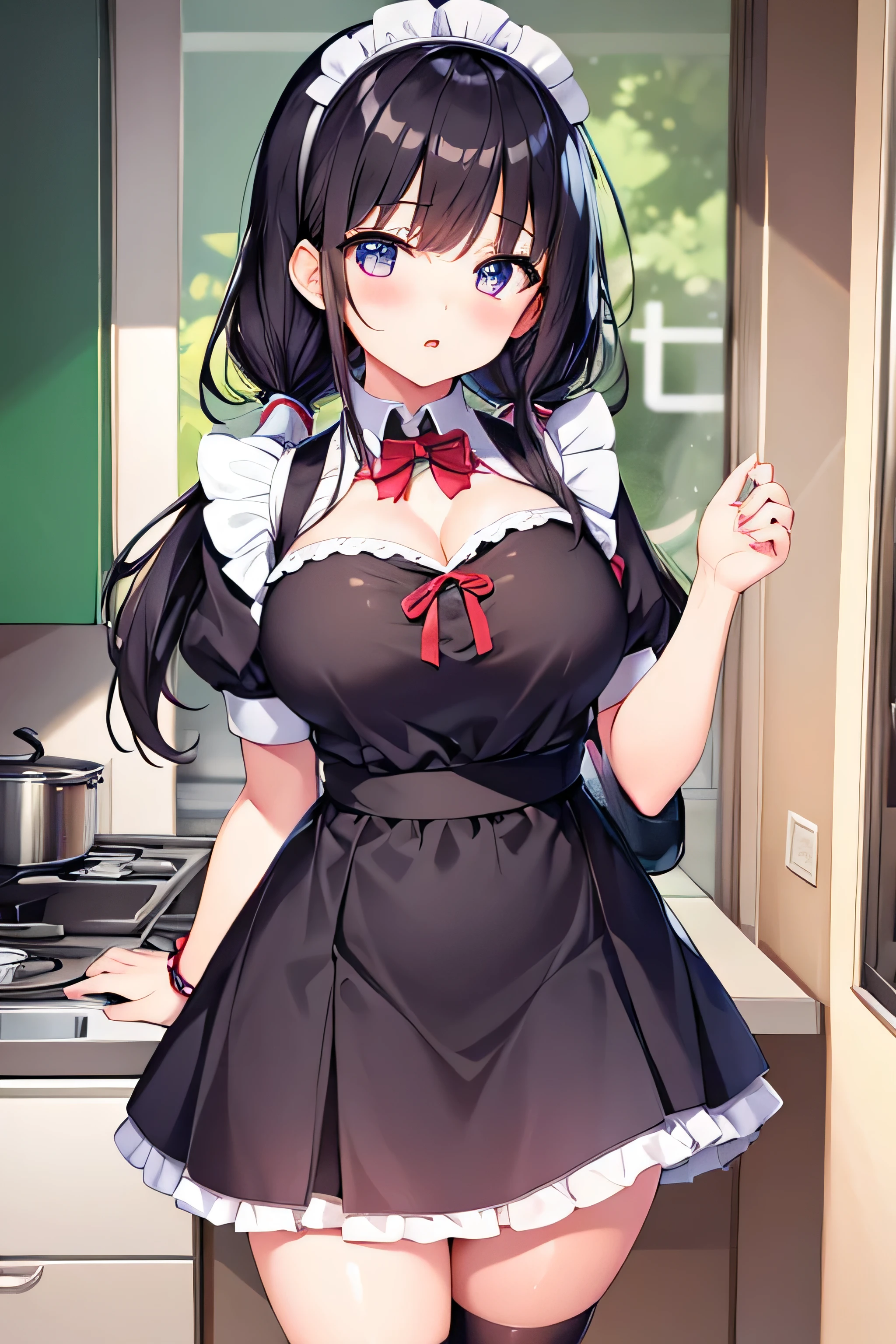 Anime girl in maid outfit standing in kitchen with open window - SeaArt AI