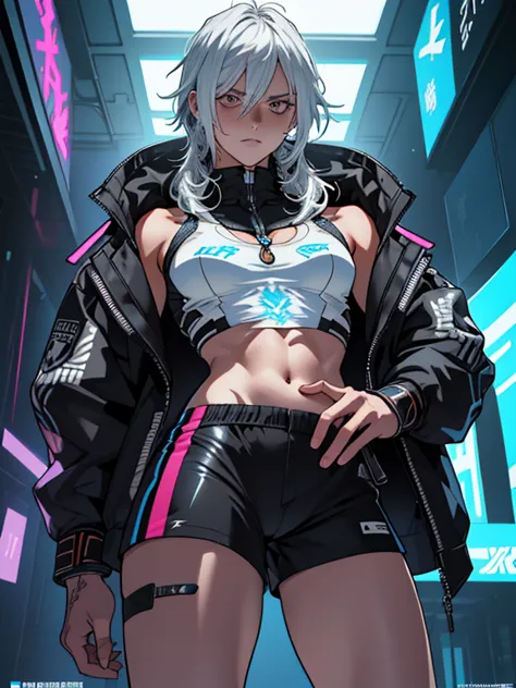 Cyberpunk-Frau mit dunkler Haut, blauen Augen und kurzen braunen Haaren, wearing a loose white blouse and 8k swim shorts_Hinterg...