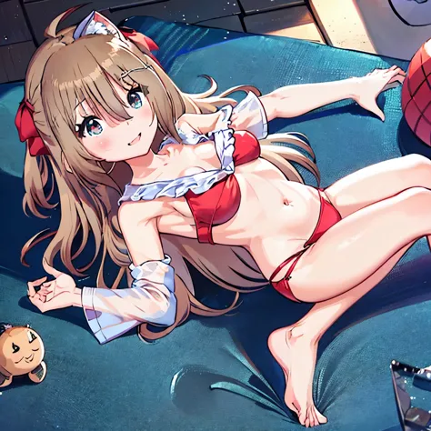 (masterpiece), (ultra-detailed), best quality, 8k, 1girl, evil neuro-sama, solo, looking over shoulder at viewer, beach, ocean, standing, bent over, red bikini top, red bikini bottom, looking at viewer, portrait, ahoge, red eyes, sky, outdoors, smug face, ...