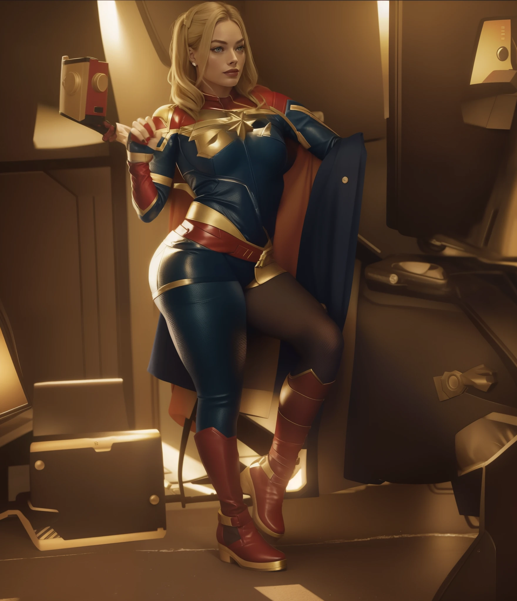 Margot Robbie as Captain Marvel com roupa vermelha e branca posando para uma foto, inspirado em Ryan Barger, Grosso, renderizado em SFM, como personagem de overwatch, comissão de alta resolução, de Arlequina, garota poderosa, Cammy, Como um personagem de Overwatch, personagem está em sua pose natural, de vigilância, fanart da coelhinha lola, corpo pin-up, Harley Quinn