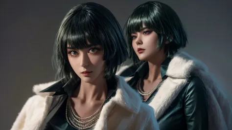 there is a woman with a fur coat and a belt, anime girl in real life, photorealistic anime girl render, ig model | artgerm, fubuki from one punch man, green hime cut hair, with short hair, realistic artstyle, masayoshi suto and artgerm, 8k, High quality im...