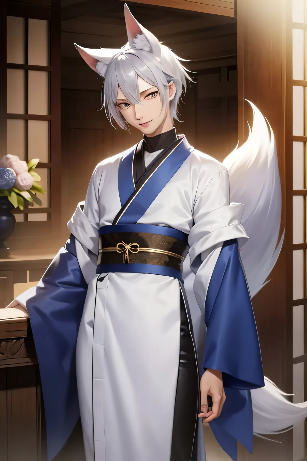 Blue-silver hair、fox ears、fox tail、short hair、blue eyes、turtleneck、Onmyoji、kimono、yin yang suit、white clothes、blue belt、good man、1 person、Wooden buildings、Boroya、indoor、clerk、smile、alone、table、whole body、white clothes、Hard clothing、Black too