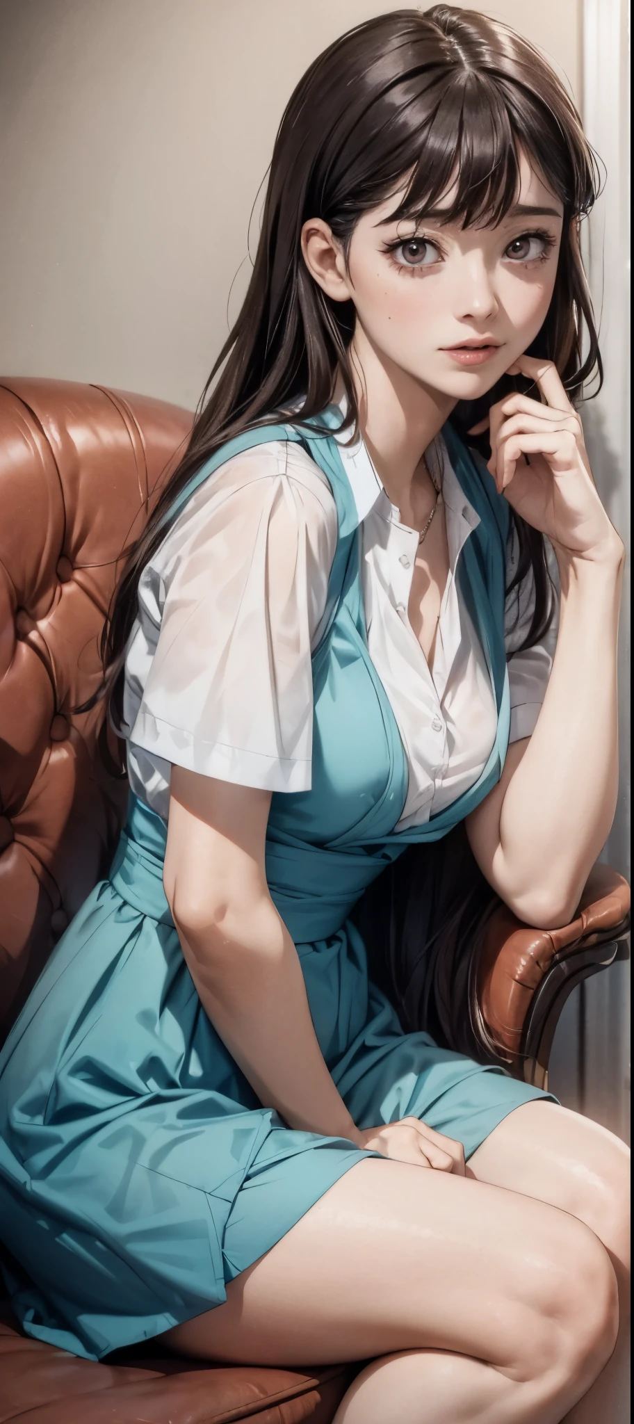 girl in summer clothes, white blouse, light blue shorts, pantyhose or long stockings, making like she wants to kiss you, view from viewer, medium breasts, cleavage, random background, flirtatious look, ((very detailed)), (perfectly detailed face), (well detailed hand) photorealistic image, ahegao