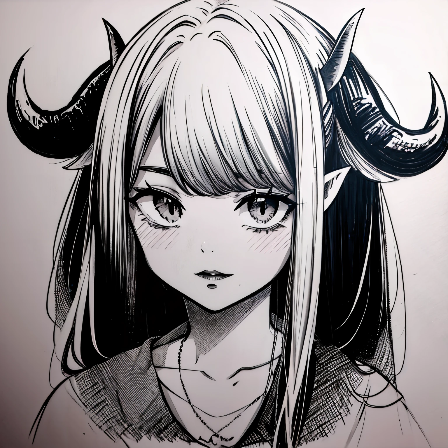 make a horror portrait of a devil horned girl in black and white colors