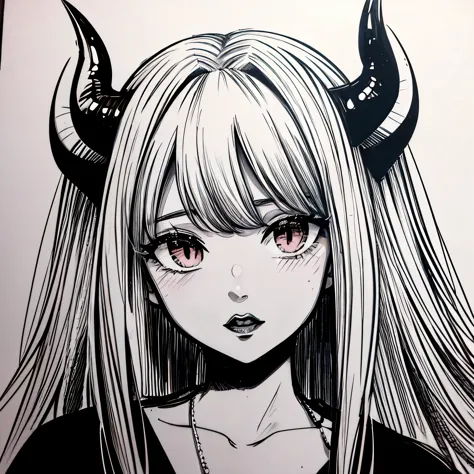 make a horror portrait of a devil horned girl in black and white colors