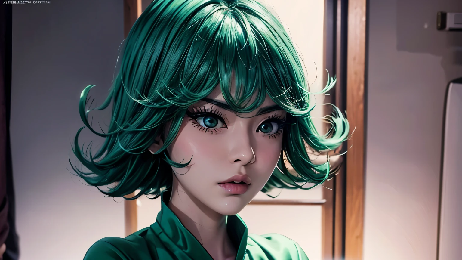 there is a woman as tall as 14 years old asian girl, anime girl in real life, photorealistic anime girl render, ig model | artgerm,Tatsumaki from one punch man, green hime cut hair, with short hair, realistic artstyle, masayoshi suto and artgerm, 8k, High quality image, masterpiece, detailed hair texture, detailed skin texture, detailed cloth texture, 8k, add fabric details, ultra detailed skin texture, ultra detailed photo, skin pores, cloth details, high skin details, realistic hair details, dramatic light, a woman, looking at the viewers.
