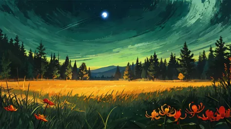 masterpiece,best quality,lycoris,grass field,depth of field,night sky,starry night, moonlight,