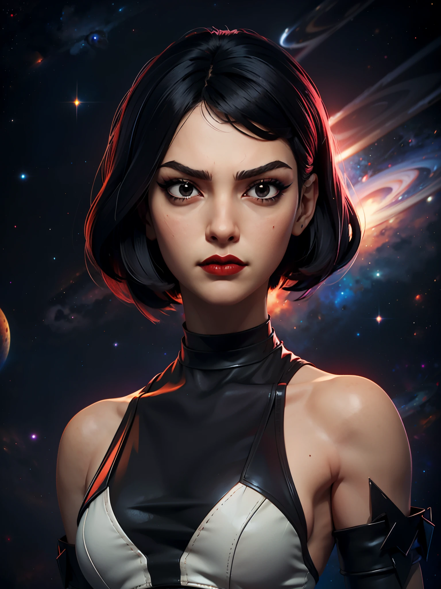 one girl, bust close up, soviet union, black hair, bob cut, black eyes, red background, proud stance, space thriller movie poster, abstracted, constructivism, space, serious face, evil mistress, villain, makeup, red lipstick, crop top, black hole, (bare shoulders:1.2)