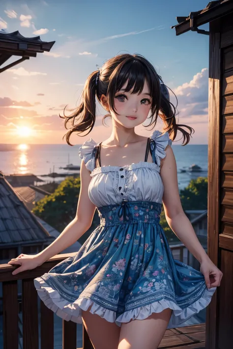 very cute and beautiful girl standing near window,(floral blue summer dress with detailed frills),sleeveless,detailed lace,(skirt lift,white panties), (highly detailed beautiful face),beach,wooden floating cottage,sunset, cowboy shot,(smile:1.2),blush,look...