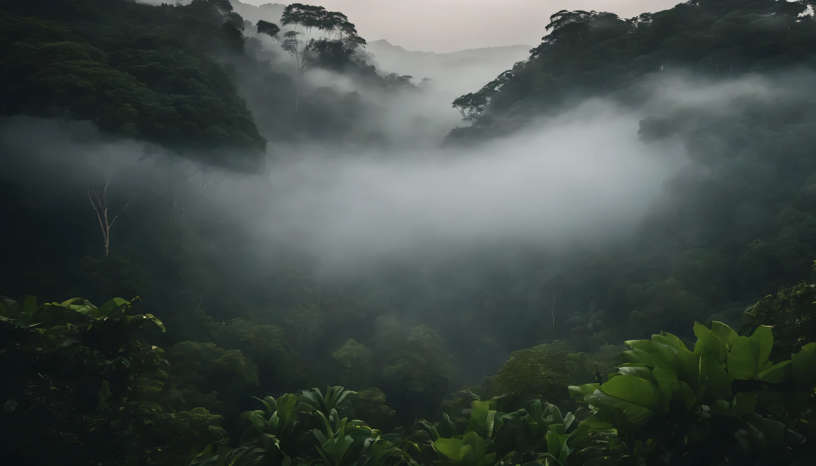 Landscape jungle cinematic drone shot scene with mist and fog covering the trees