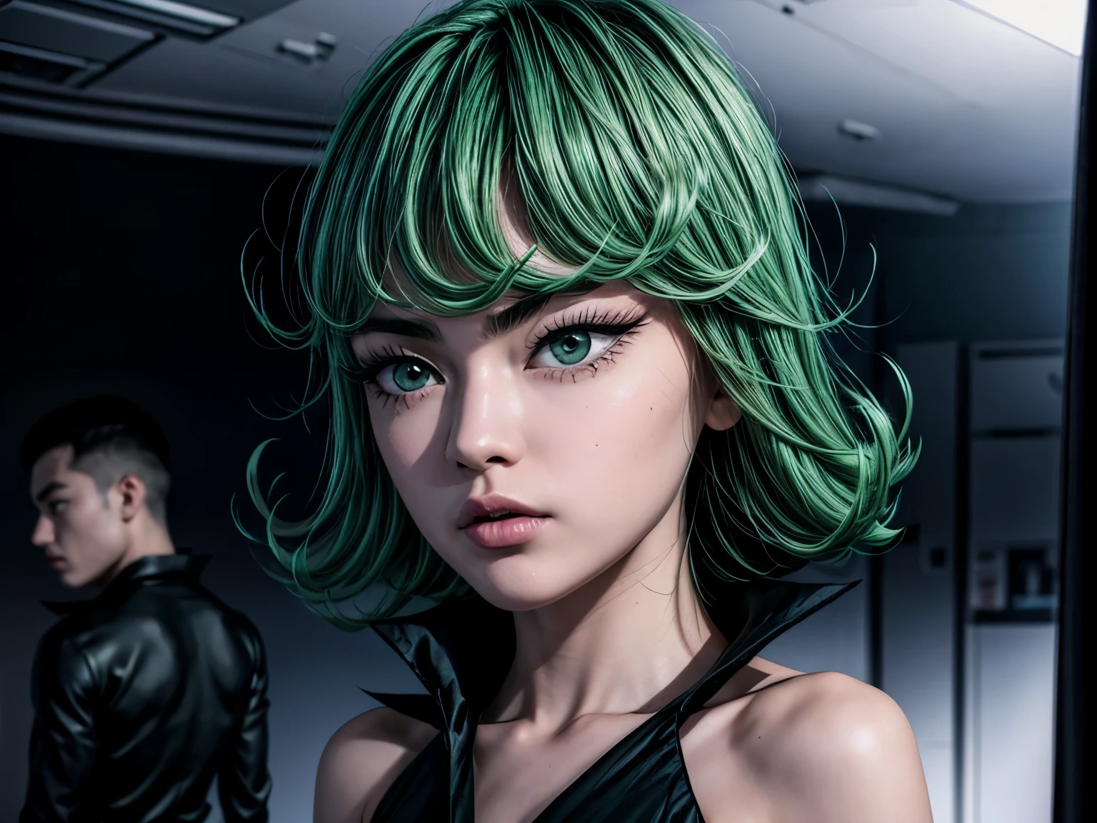 there is eine Frau as tall as  asian girl, Anime-Mädchen im wirklichen Leben, fotorealistisches Anime-Mädchen-Rendering, IG-Modell | artgerm,Tatsumaki aus One Punch Man, grünes Hime-Haar, mit kurzen Haaren, realistischer Kunststil, masayoshi suto and artgerm, 8k, Hochwertiges Bild, Meisterwerk, detaillierte Haarstruktur, detaillierte Hautstruktur, detaillierte Stoffstruktur, 8k, Stoffdetails hinzufügen, ultra detaillierte Hautstruktur, ultradetailliertes Foto, Hautporen, Stoffdetails, hohe Hautdetails, realistische Haardetails, dramatisches Licht, eine Frau, Blick auf die Zuschauer, schwarzes, eng anliegendes Kleid, heiße sexy Pose , Halbkörperaufnahme, Isuke Murata Kunst.