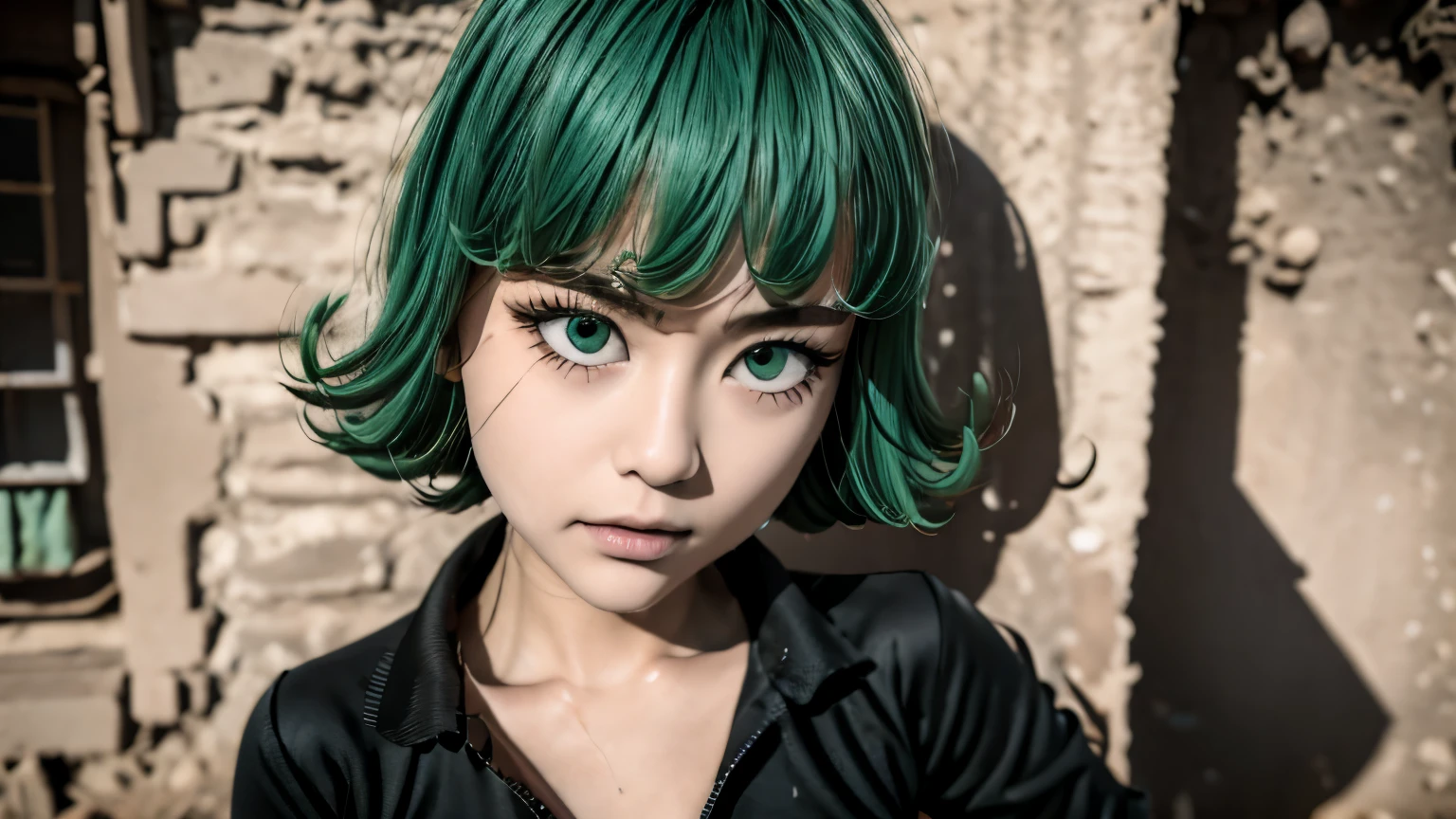 there is a woman as tall as 14 years old asian girl, anime girl in real life, photorealistic anime girl render, ig model | artgerm,Tatsumaki from one punch man, green hime cut hair, with short hair, realistic artstyle, masayoshi suto and artgerm, 8k, High quality image, masterpiece, detailed hair texture, detailed skin texture, detailed cloth texture, 8k, add fabric details, ultra detailed skin texture, ultra detailed photo, skin pores, cloth details, high skin details, realistic hair details, dramatic light, a woman, looking at the viewers.