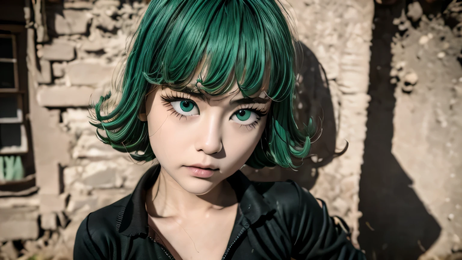 there is eine Frau as tall as  asian girl, Anime-Mädchen im wirklichen Leben, fotorealistisches Anime-Mädchen-Rendering, IG-Modell | artgerm,Tatsumaki aus One Punch Man, grünes Hime-Haar, mit kurzen Haaren, realistischer Kunststil, masayoshi suto and artgerm, 8k, Hochwertiges Bild, Meisterwerk, detaillierte Haarstruktur, detaillierte Hautstruktur, detaillierte Stoffstruktur, 8k, Stoffdetails hinzufügen, ultra detaillierte Hautstruktur, ultradetailliertes Foto, Hautporen, Stoffdetails, hohe Hautdetails, realistische Haardetails, dramatisches Licht, eine Frau, Blick auf die Zuschauer.