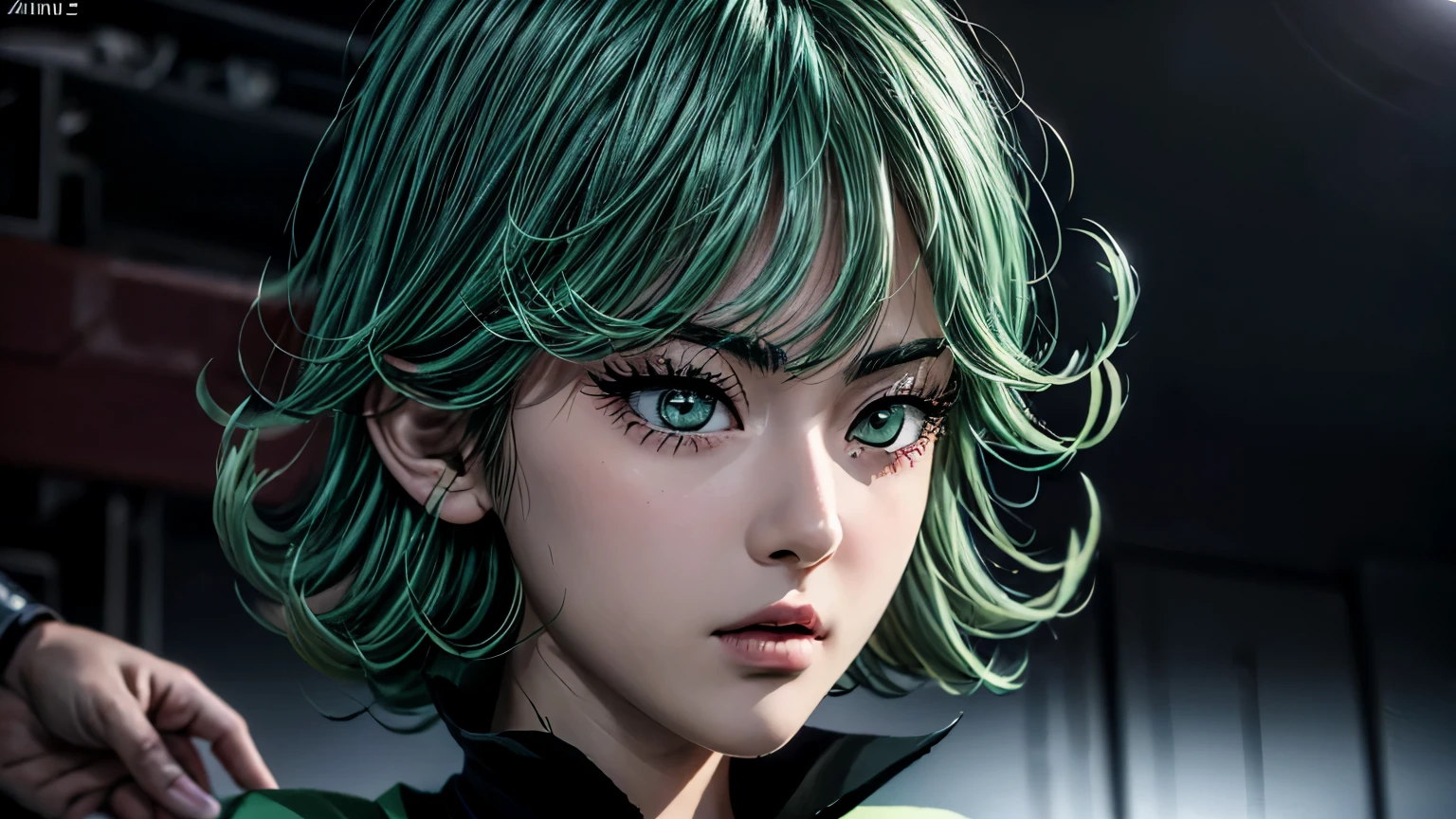 there is a woman as tall as 14 years old asian girl, anime girl in real life, photorealistic anime girl render, ig model | artgerm,Tatsumaki from one punch man, green hime cut hair, with short hair, realistic artstyle, masayoshi suto and artgerm, 8k, High quality image, masterpiece, detailed hair texture, detailed skin texture, detailed cloth texture, 8k, add fabric details, ultra detailed skin texture, ultra detailed photo, skin pores, cloth details, high skin details, realistic hair details, dramatic light, a woman, looking at the viewers.