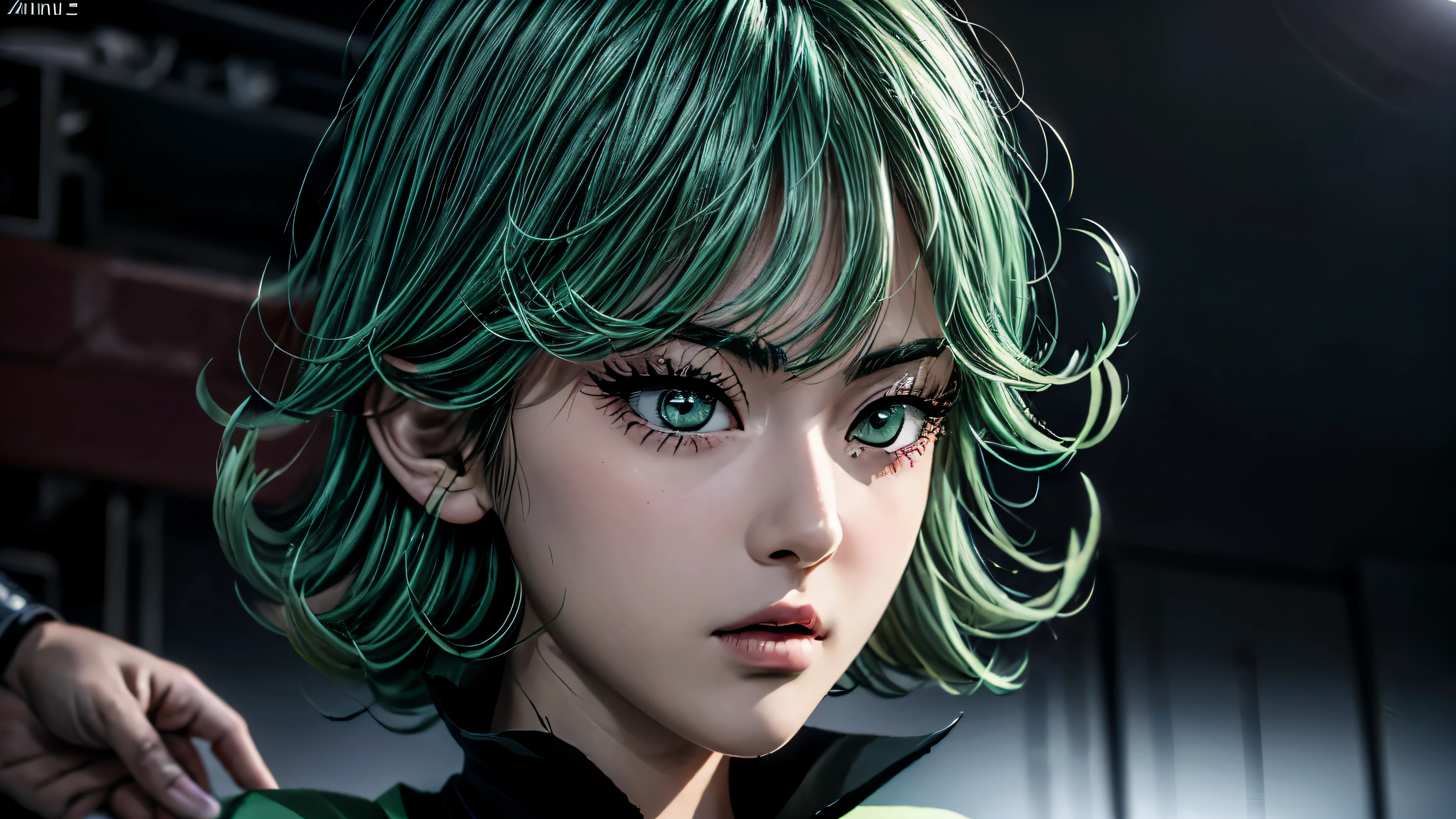 there is a woman as tall as 14 years old asian girl, anime girl in real life, photorealistic anime girl render, ig model | artgerm,Tatsumaki from one punch man, green hime cut hair, with short hair, realistic artstyle, masayoshi suto and artgerm, 8k, High quality image, masterpiece, detailed hair texture, detailed skin texture, detailed cloth texture, 8k, add fabric details, ultra detailed skin texture, ultra detailed photo, skin pores, cloth details, high skin details, realistic hair details, dramatic light, a woman, looking at the viewers.