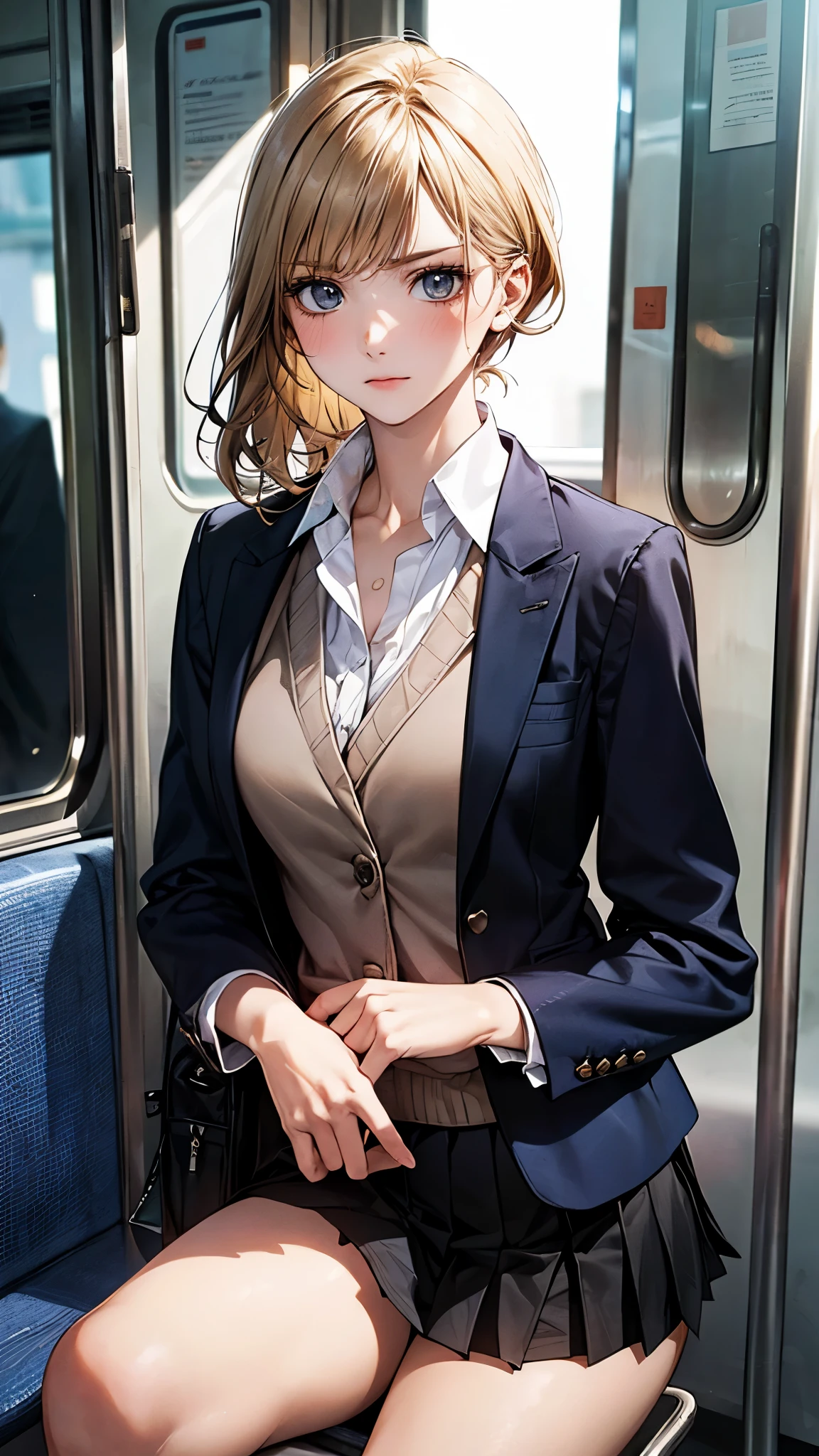 Anime girl assise dans un train avec les jambes croisées - SeaArt AI