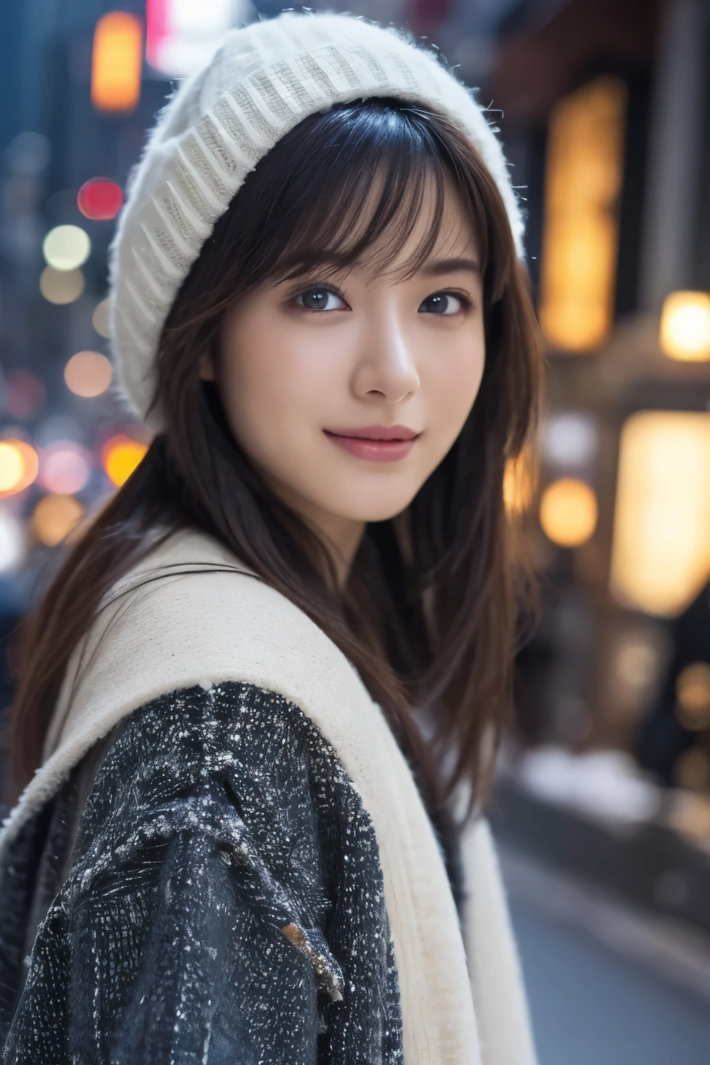 1 girl in, (wear winter clothes:1.2), 
(original photo, best quality), (actual, Realism:1.4), on the table, 
extremely delicate and beautiful, Very detailed, 2k wallpaper, Astonishing, fine details, 
Extremely detailed CG Unity 8K wallpapers, Super detailed, high resolution, soft light, 
Beautiful and delicate girl, Extremely detailed eyes and face, Beautiful and detailed nose, Beautiful and delicate eyes, light, 
Winter night view, There are many colored lights on the street trees in Roppongi Hills, It&#39;s snowing,
perfect anatomy, Slender figure,
Straight and semi-long hair, Bangs, looking at the audience, smile slightly