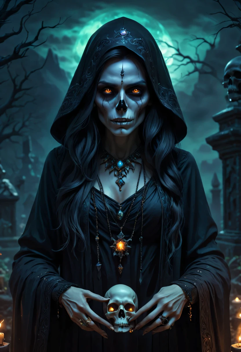 Output prompt: Detailed portrait of a beautiful necromancer with glowing eyes, A flowing dark robe, and intricate skull-shaped jewelry, Cast a powerful spell in a mysterious graveyard; painting, high resolution, Super detailed, Realistic lighting, dark and mysterious color palette, weird atmosphere