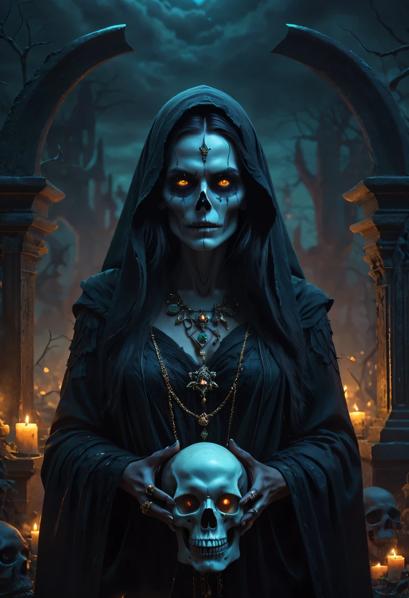 Output prompt: Detailed portrait of a beautiful necromancer with glowing eyes, A flowing dark robe, and intricate skull-shaped jewelry, Cast a powerful spell in a mysterious graveyard; painting, high resolution, Super detailed, Realistic lighting, dark and mysterious color palette, weird atmosphere