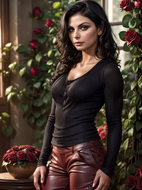 from below, best quality, ultra high res, (photorealistic:1.4), Morena Baccarin, (makeup:1.4), (long sleeve henley tanktop:1.35)...