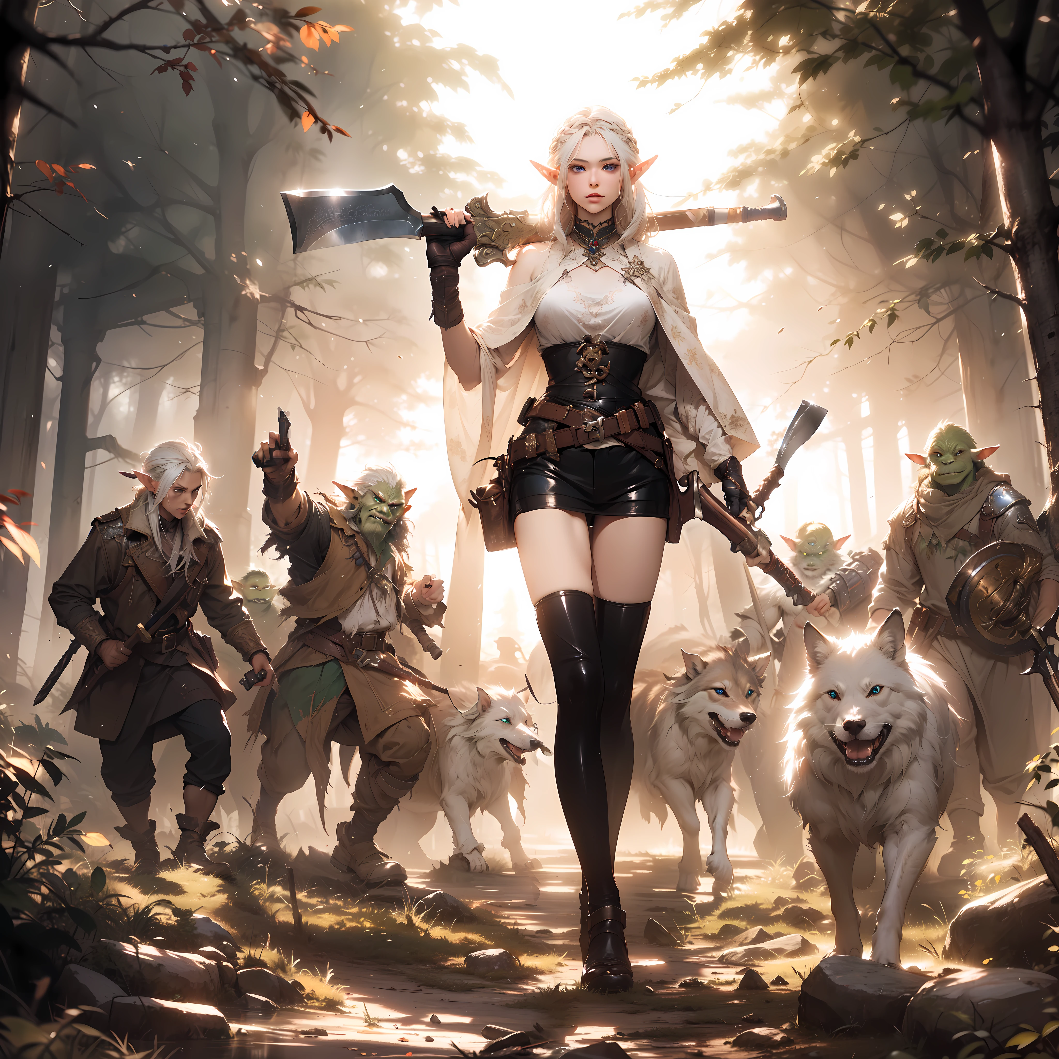 A portrayal of a elf girl standing with a ((shoot gun)) in hand, against facing a group of ((goblin:1.3)) with a ((axe)) in hand, accompanied by her loyal wolf friend, in mystic forest, style by mikimoto Haruhiko, by Yoji Shinkawa, full body, dynamic pose, perfect anatomy, Fantasy art style, soul, approach to perfection, cell shading, 8k, cinematic dramatic atmosphere, watercolor painting, artstation, cinematic lighting, BREAK,

perfect face, details eye, ((elf:1.4)), (1girl), (hairstyle:1.6), (messy hair), (white hair), Plump lips, blue eyes, medium breast.