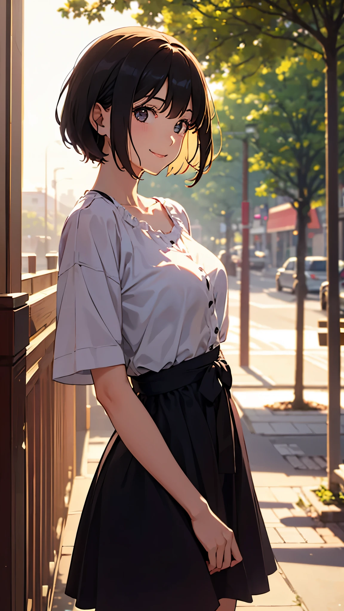 best quality, detailed face, 1girl, middle breast, smile, casual dress, (Charming, Puffy eyes:1.2), good anatomy, looking at viewer, soft focus, Golden hour lighting, depth of field, happy expression, shortcut hair, outdoor, (profile shot:0.8)