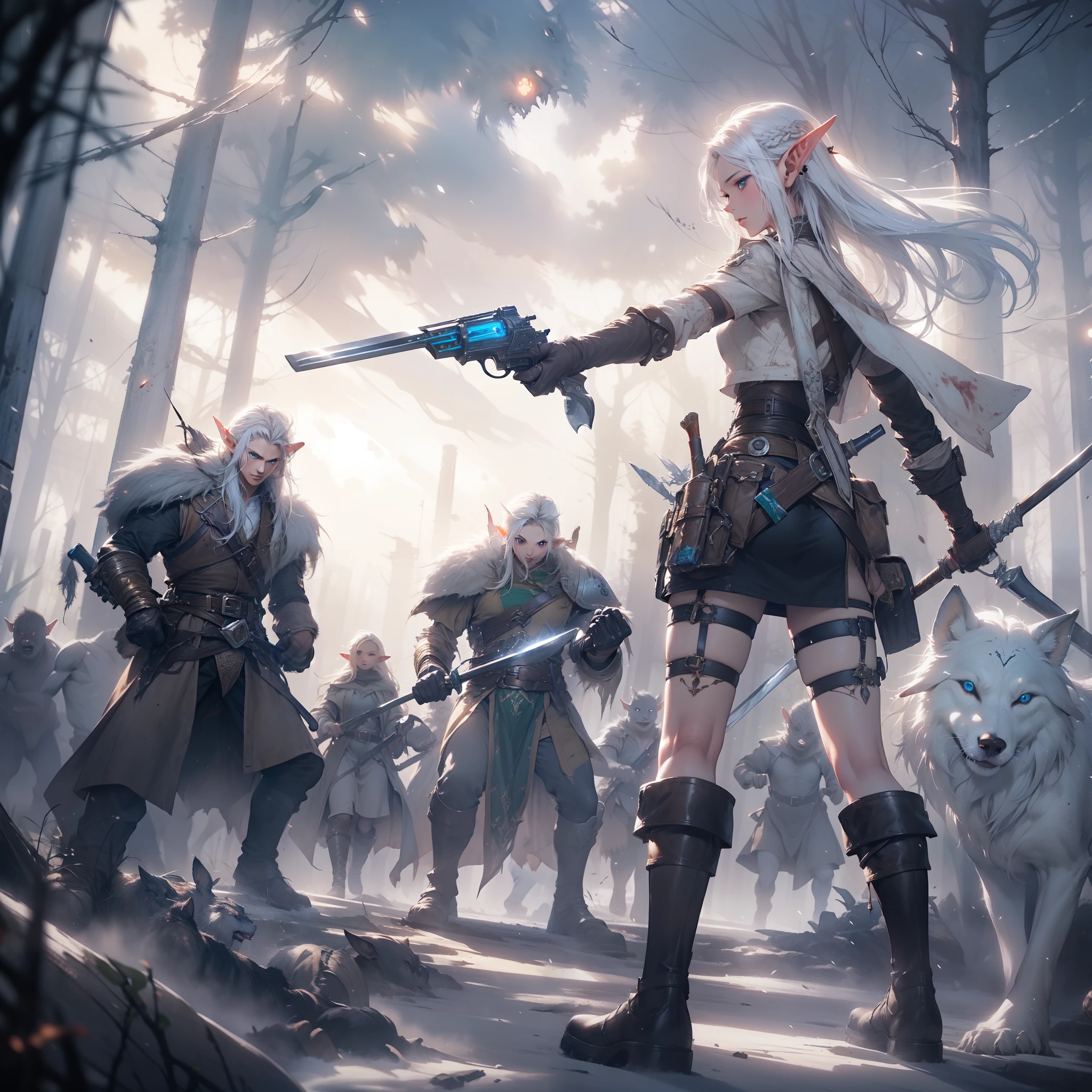A portrayal of a elf girl standing with a ((shoot gun)) in hand, against facing a group of ((goblin:1.3)) with a ((axe)) in hand, accompanied by her loyal wolf friend, in mystic forest, style by mikimoto Haruhiko, by Yoji Shinkawa, full body, dynamic pose, perfect anatomy, Fantasy art style, soul, approach to perfection, cell shading, 8k, cinematic dramatic atmosphere, watercolor painting, artstation, cinematic lighting, BREAK,

perfect face, details eye, ((elf:1.4)), (1girl), (hairstyle:1.6), (messy hair), (white hair), Plump lips, blue eyes, medium breast.