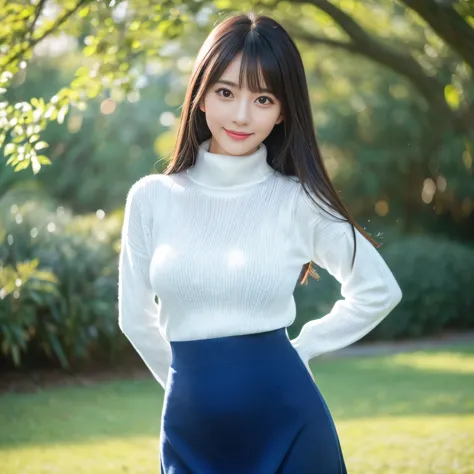 (highest quality、table top、8k、best image quality、Award-winning work)、one beautiful woman、25 years old、(alone:1.1)、perfect beautiful composition、(big and full breasts:1.1)、(Perfectly fitted tight blue knit sweater:1.2)、(Very tight blue knit that fits perfec...