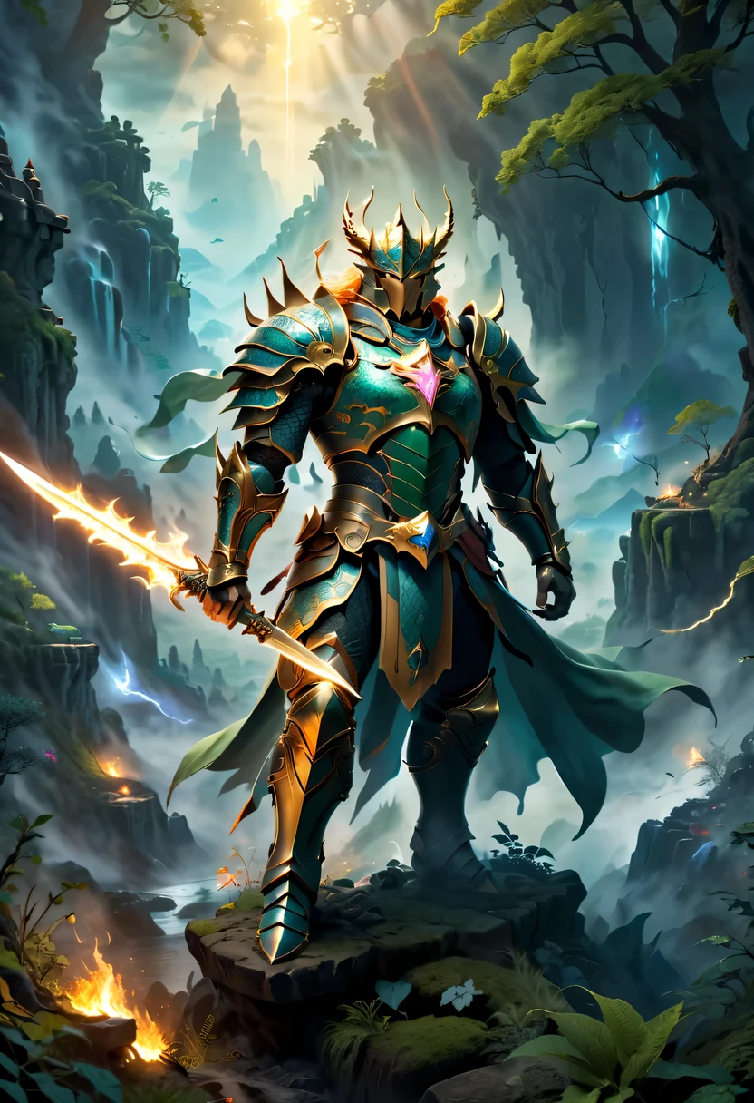 (best quality,4k,high resolution,masterpiece:1.2),actual,heroes in fantasy world,brave warrior,Detailed armor,sharp sword,majestic cape,magic,brave gesture,magical creatures,magic森林,hazy background,magical lights,bright colors,fantastic scenery,dramatic atmosphere,mysterious atmosphere,epic battle场面,ancient ruins,dangerous mission,mythology figure,Mysterious creature,Heroic deeds,dragon slayer,enchanted weapons,powerful,aura of light,sense of adventure,ethereal environment,Extraordinary power,stunning view,An unforgettable journey,final destiny,Legendary heroes,epic battle.