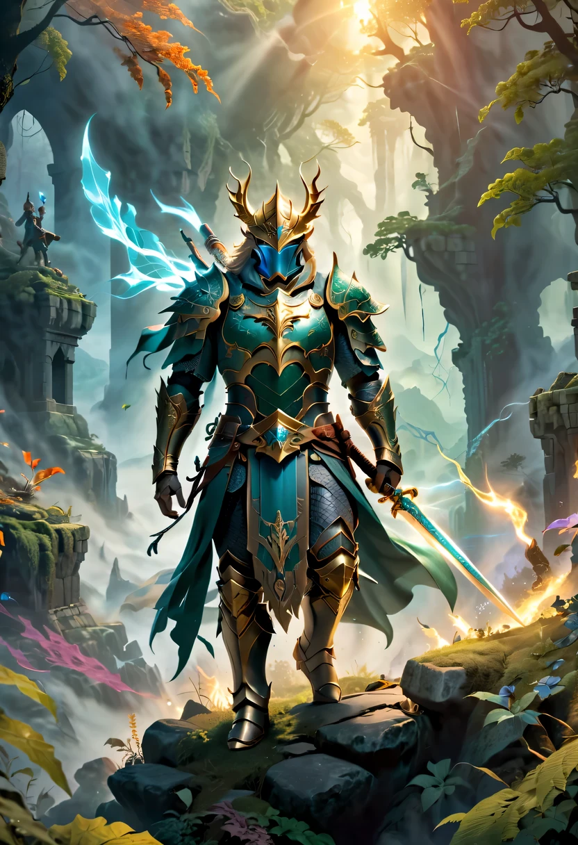 (best quality,4k,high resolution,masterpiece:1.2),actual,heroes in fantasy world,brave warrior,Detailed armor,sharp sword,majestic cape,magic,brave gesture,magical creatures,magic森林,hazy background,magical lights,bright colors,fantastic scenery,dramatic atmosphere,mysterious atmosphere,epic battle场面,ancient ruins,dangerous mission,mythology figure,Mysterious creature,Heroic deeds,dragon slayer,enchanted weapons,powerful,aura of light,sense of adventure,ethereal environment,Extraordinary power,stunning view,An unforgettable journey,final destiny,Legendary heroes,epic battle.