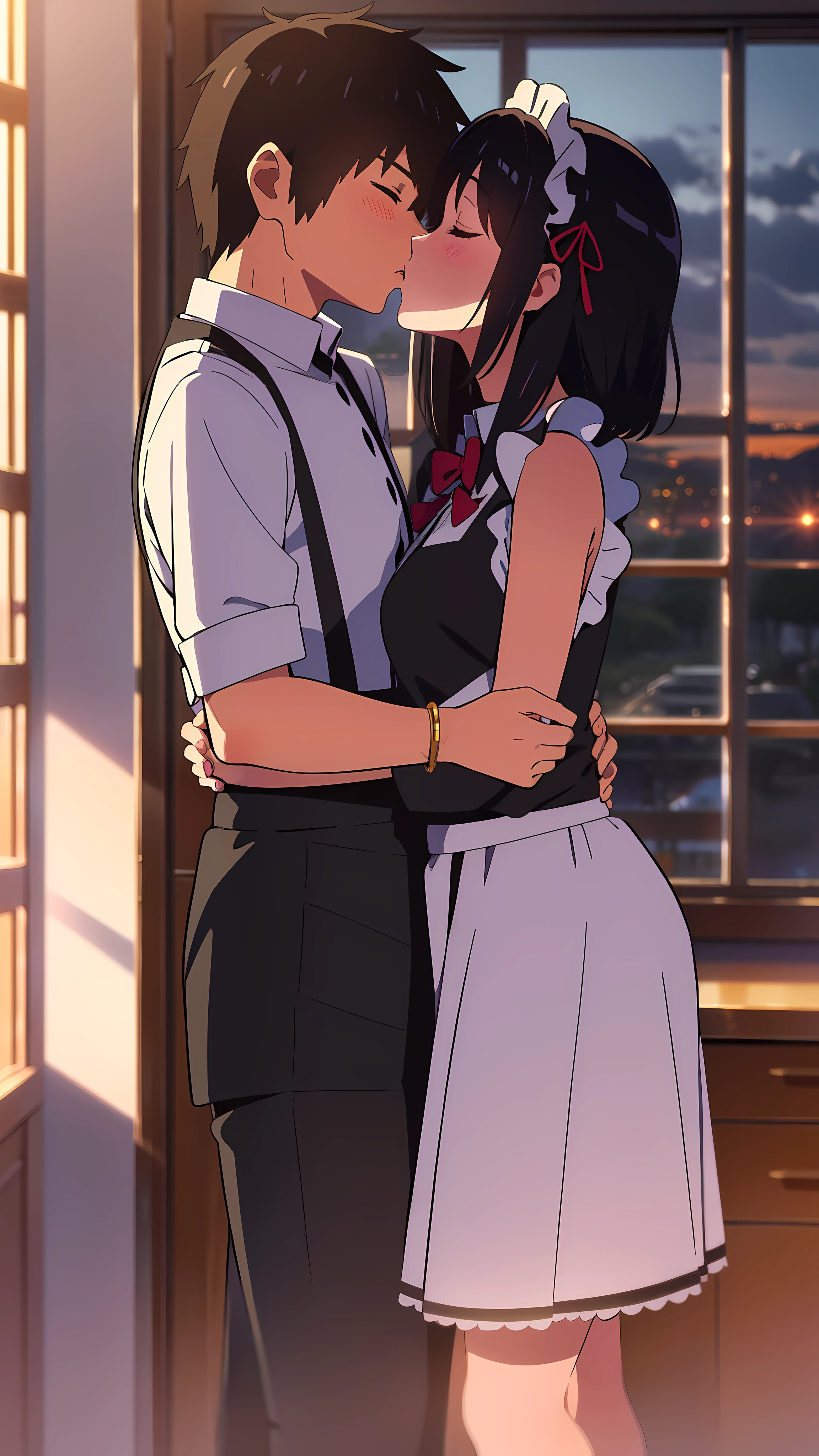 Anime couple kissing in front of window with city view - SeaArt AI