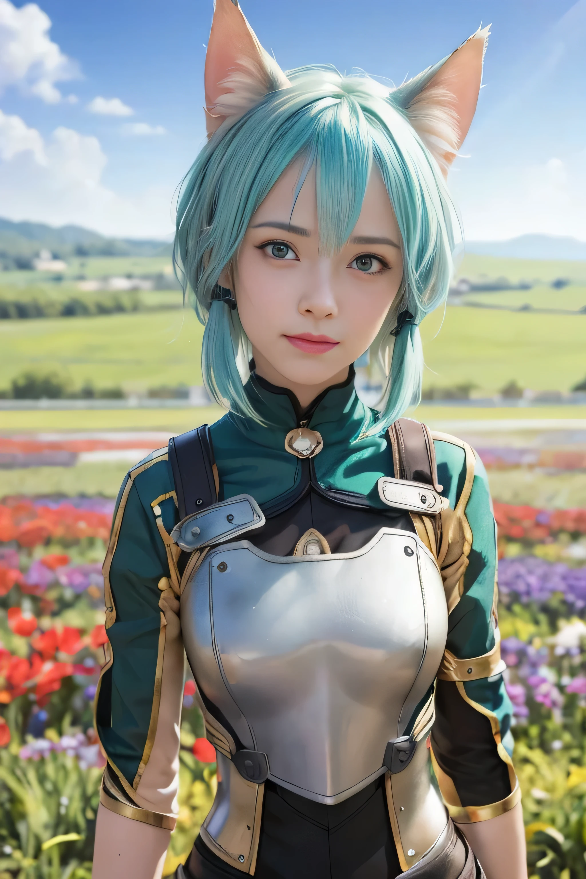 masterpiece, best quality, (realistic,photo-realistic:1.4), (RAW photo:1.2), extremely detailed CG unity 8k wallpaper, delicate and beautiful, amazing,finely detail, official art, absurdres, incredibly absurdres, huge filesize, ultra-detailed,extremely detailed eyes and face,light on face,sinon,(little smile),(cyan hair:1.4),(short hair:1.6),(wearing armor :1.5),cat ears