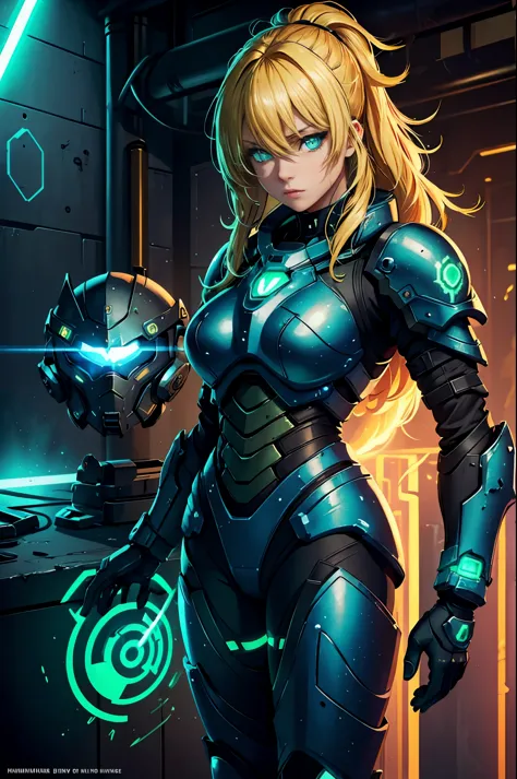 female technomage in power armour, blonde hair, glowing green eyes, blue technorunes, tattoo