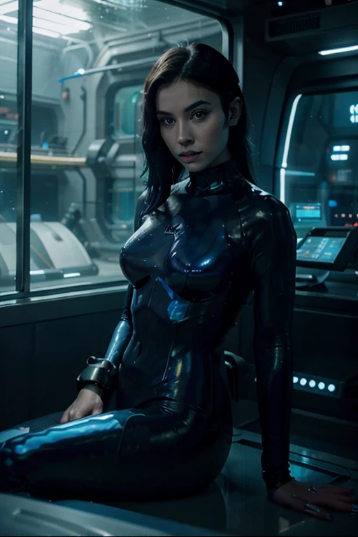 (tired blue skinned woman with short black hair and gill slits in her neck in a black latex wet suit), (blue cyborg mermaid in a black short sleeve uniform), long webbed fingers, cyberpunk mermaid, (cyborg mermaid swimming inside a fish tank), (fish gills in her neck), (dark blue skin), silver and black hoses and cables attached to cyborg implants on her temple and abdomen, photo realistic, hyper realistic starship control center, masterpiece, under water in a fish tank inside a starship control center