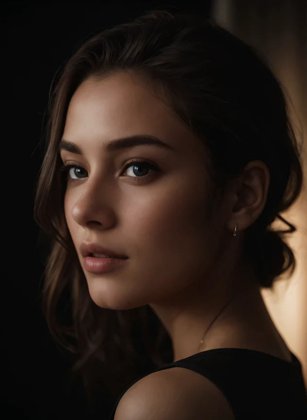 (close-up, editorial photograph of a 21-year-old woman), (highly detailed face:1.4) (smile:0.7) (background inside dark, moody, private study:1.3) POV, by Lee Jeffries, Nikon d850, film stock photograph ,4 Kodak Portra 400 , camera f1.6 lens , rich colors ,hyper-realistic ,lifelike texture, dramatic lighting, cine still 800, woman, wearing a fashion dress,side view, landscape, side picture,