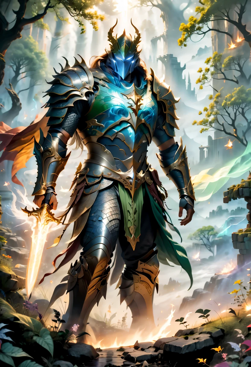 (best quality,4k,high resolution,masterpiece:1.2),actual,heroes in fantasy world,brave warrior,Detailed armor,sharp sword,majestic cape,magic,brave gesture,magical creatures,magic森林,hazy background,magical lights,bright colors,fantastic scenery,dramatic atmosphere,mysterious atmosphere,epic battle场面,ancient ruins,dangerous mission,mythology figure,Mysterious creature,Heroic deeds,dragon slayer,enchanted weapons,powerful,aura of light,sense of adventure,ethereal environment,Extraordinary power,stunning view,An unforgettable journey,final destiny,Legendary heroes,epic battle.