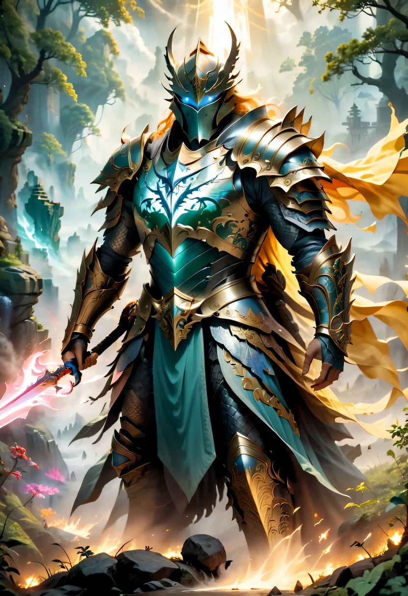 (best quality,4k,high resolution,masterpiece:1.2),actual,heroes in fantasy world,brave warrior,Detailed armor,sharp sword,majestic cape,magic,brave gesture,magical creatures,magic森林,hazy background,magical lights,bright colors,fantastic scenery,dramatic atmosphere,mysterious atmosphere,epic battle场面,ancient ruins,dangerous mission,mythology figure,Mysterious creature,Heroic deeds,dragon slayer,enchanted weapons,powerful,aura of light,sense of adventure,ethereal environment,Extraordinary power,stunning view,An unforgettable journey,final destiny,Legendary heroes,epic battle.