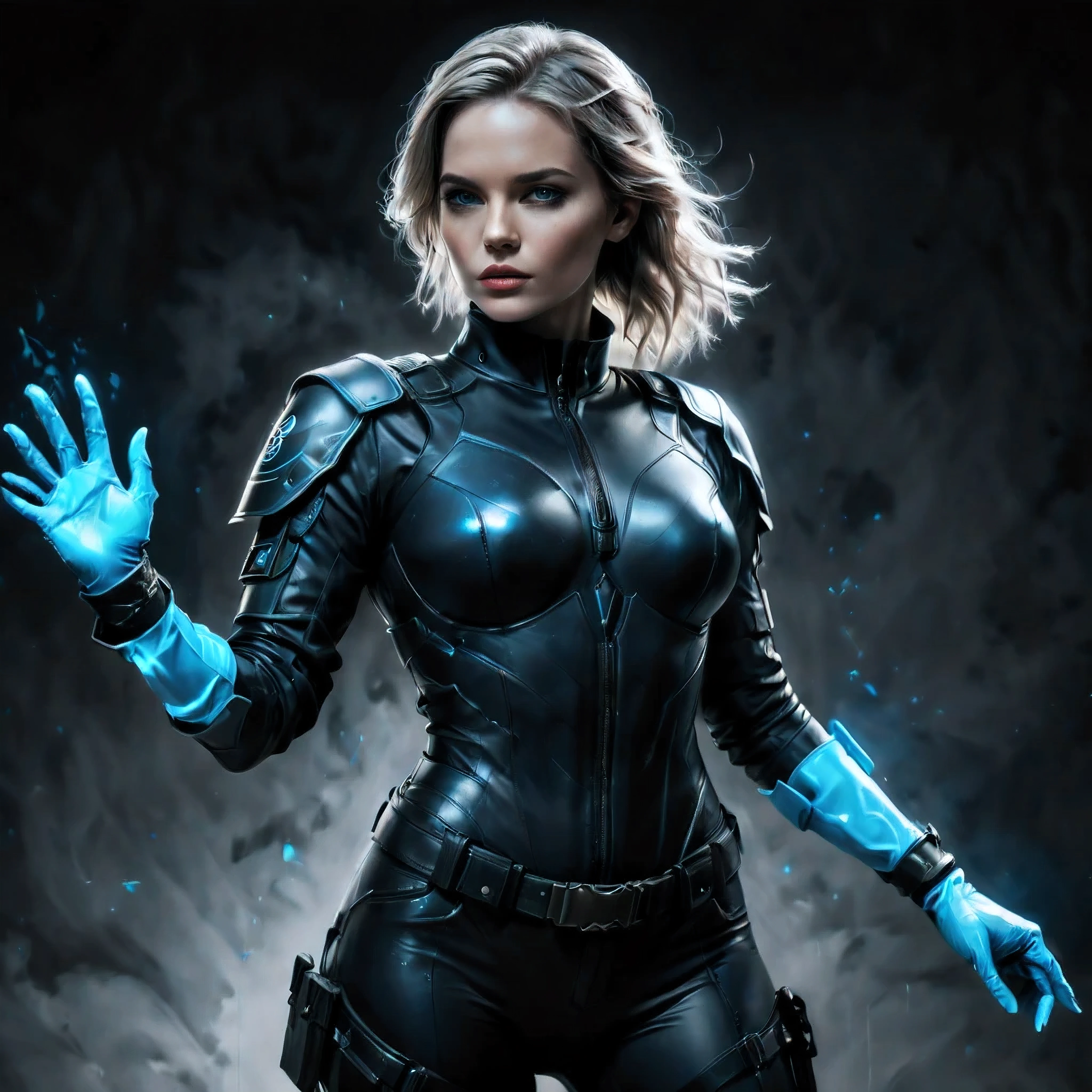 A woman in a black leather suit and blue gloves - SeaArt AI