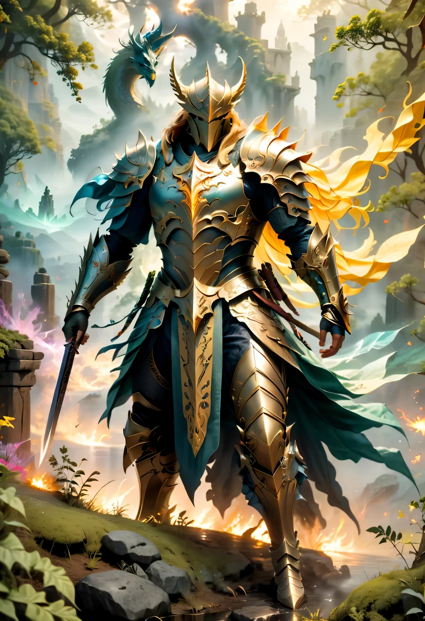 (best quality,4k,high resolution,masterpiece:1.2),actual,heroes in fantasy world,brave warrior,Detailed armor,sharp sword,majestic cape,magic,brave gesture,magical creatures,magic森林,hazy background,magical lights,bright colors,fantastic scenery,dramatic atmosphere,mysterious atmosphere,epic battle场面,ancient ruins,dangerous mission,mythology figure,Mysterious creature,Heroic deeds,dragon slayer,enchanted weapons,powerful,aura of light,sense of adventure,ethereal environment,Extraordinary power,stunning view,An unforgettable journey,final destiny,Legendary heroes,epic battle.