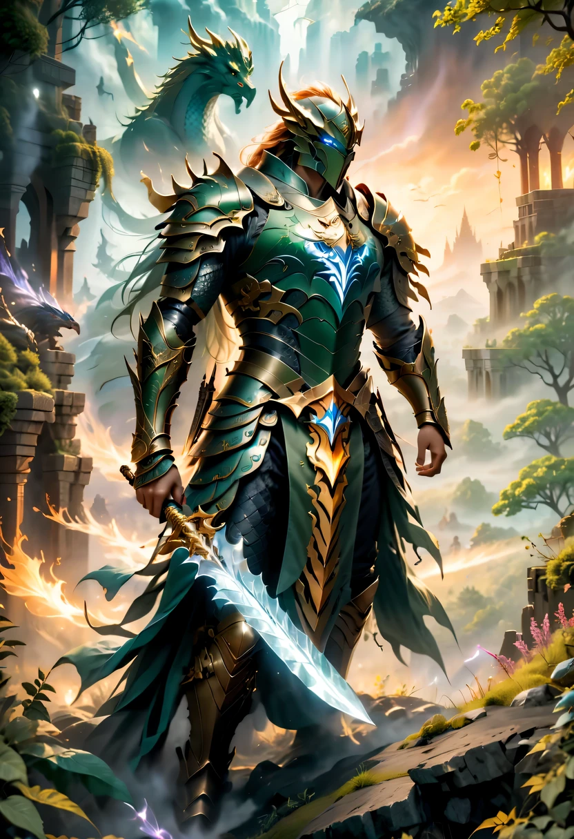 (best quality,4k,high resolution,masterpiece:1.2),actual,heroes in fantasy world,brave warrior,Detailed armor,sharp sword,majestic cape,magic,brave gesture,magical creatures,magic森林,hazy background,magical lights,bright colors,fantastic scenery,dramatic atmosphere,mysterious atmosphere,epic battle场面,ancient ruins,dangerous mission,mythology figure,Mysterious creature,Heroic deeds,dragon slayer,enchanted weapons,powerful,aura of light,sense of adventure,ethereal environment,Extraordinary power,stunning view,An unforgettable journey,final destiny,Legendary heroes,epic battle.