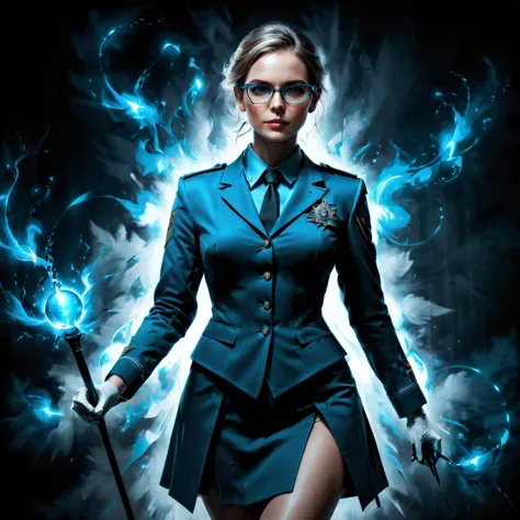 ((full body):1.2),((selective color):1.1), drawing of a female bureaucrat in her official uniform, glasses, magic wand with blue...