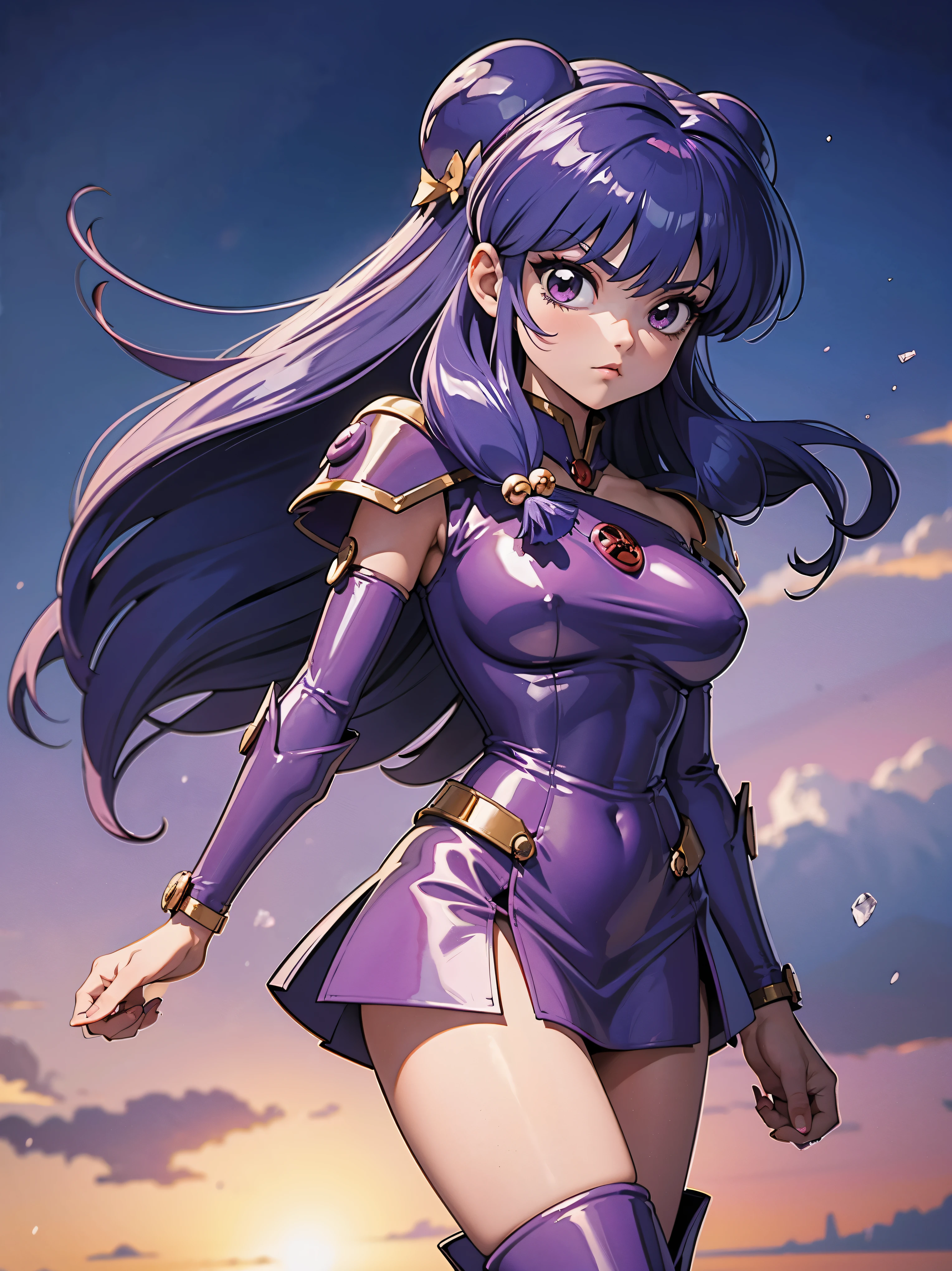 Anime girl aux cheveux violets avec une armure métallique violette, 16 ANS, beau corps, gros seins, position de combat, position de combat, fille sexy, cheveux violets with braid, bel éclairage, ombres douces, yeux bleus, belles jambes, style animé, caractère du shampoing, Autora Rumiko Takahashi, D&#39;après une œuvre de Rumiko Takahashi, Anime Ranma 1/ 2, déco sexy, hanche robuste, tout le corps, tout le corps, gros buste, jeune fille avec un beau et beau corps, petite jeune fille, robe d&#39;armure métallique violette, fille animée, style animé, cheveux roux avec tresse, belle lumière, Armure en métal brillant, tout le corps, bottes noires aux pieds, cheveux violets, tenant l&#39;épée sur les épaules, Angle de vision de 45º, bottes longues aux pieds, bottes noires