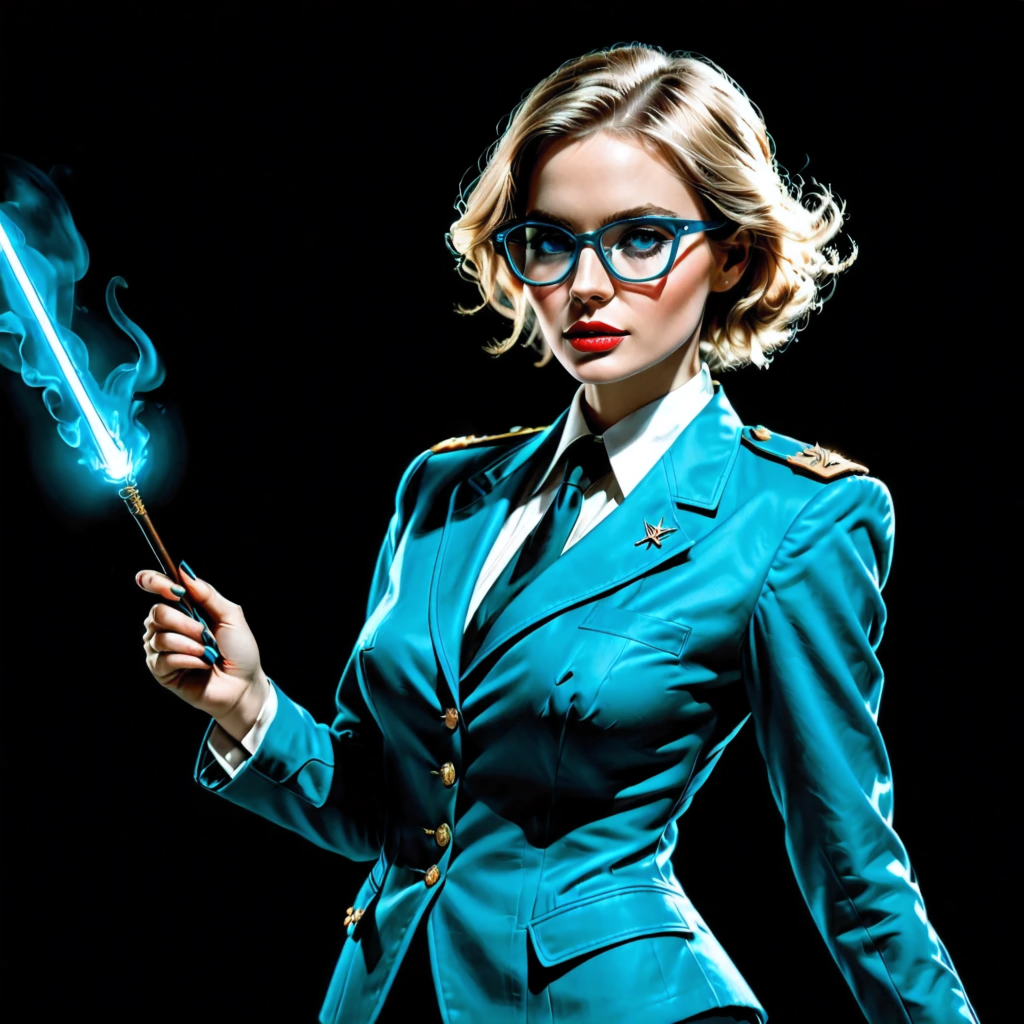 ((Full body):1.2),((Selective color):1.1), Drawing of a Female Bureaucrat in her Official Uniform, Glasses, magic wand with blue glow, smooth lines, fine art piece, Express expressions and postures through ink contrast, emphasize light, shadow and space. figurative art, (best quality, 4K, 8k, high resolution,masterpiece:1.2) ,(actual, photoactual, photo-actual:1.37).