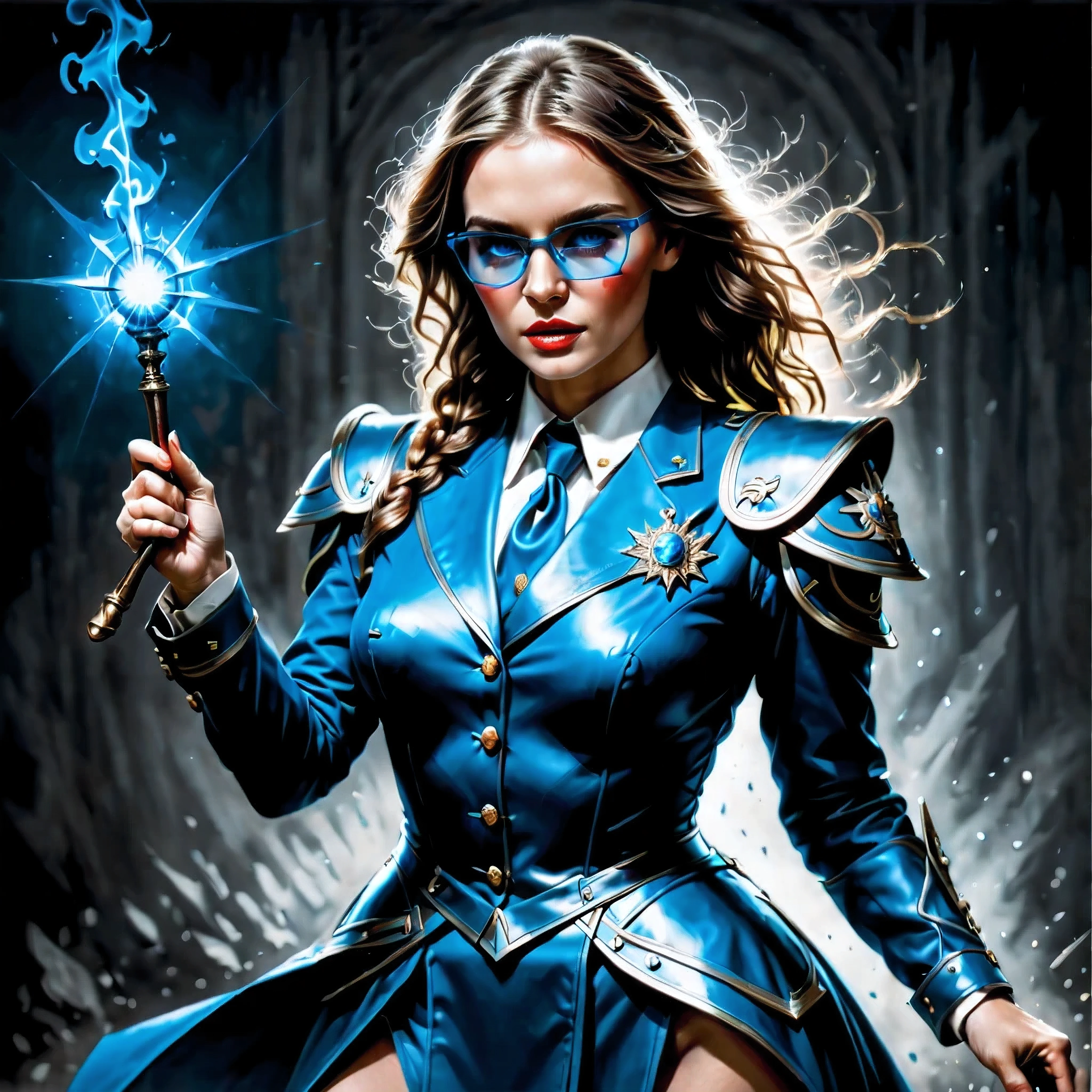 ((Full body):1.2),((Selective color):1.1), Drawing of a Female Bureaucrat in her Official Uniform, Glasses, magic wand with blue glow, smooth lines, fine art piece, Express expressions and postures through ink contrast, emphasize light, shadow and space. figurative art, (best quality, 4K, 8k, high resolution,masterpiece:1.2) ,(actual, photoactual, photo-actual:1.37).